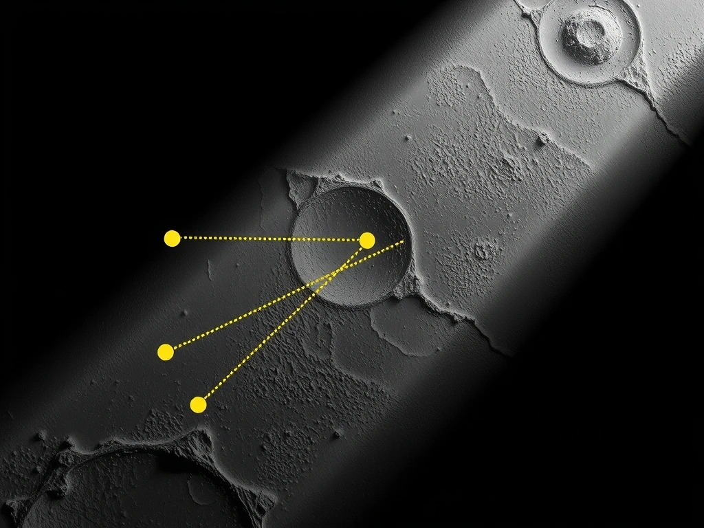 Abstrakcyjna wizualizacja przepływów danych na ciemnej powierzchni księżycowej z złotymi akcentami.